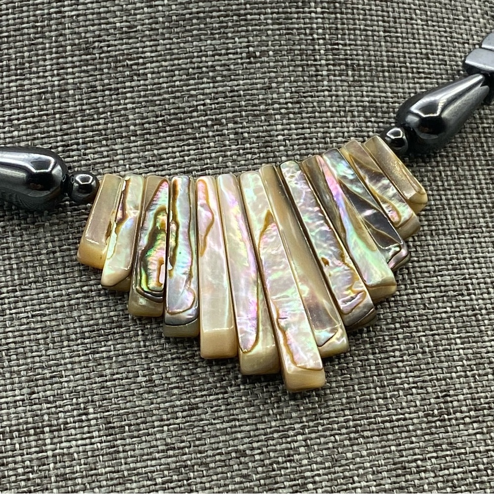 Hematite Abalone Shell Memory Wire Choker Necklac… - image 3